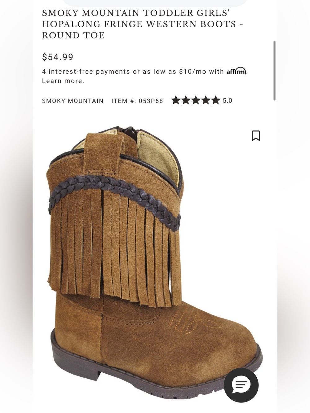 Smokey MOUNTAIN TODDLER GIRLS' HOPALONG FRINGE WESTERN BOOTS - ROUND TOE